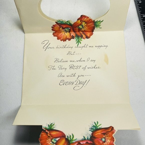 Vintage UNUSED Belated Birthday Poppy Die-Cut Embossed Artistic Greeting Card - Picture 4 of 14